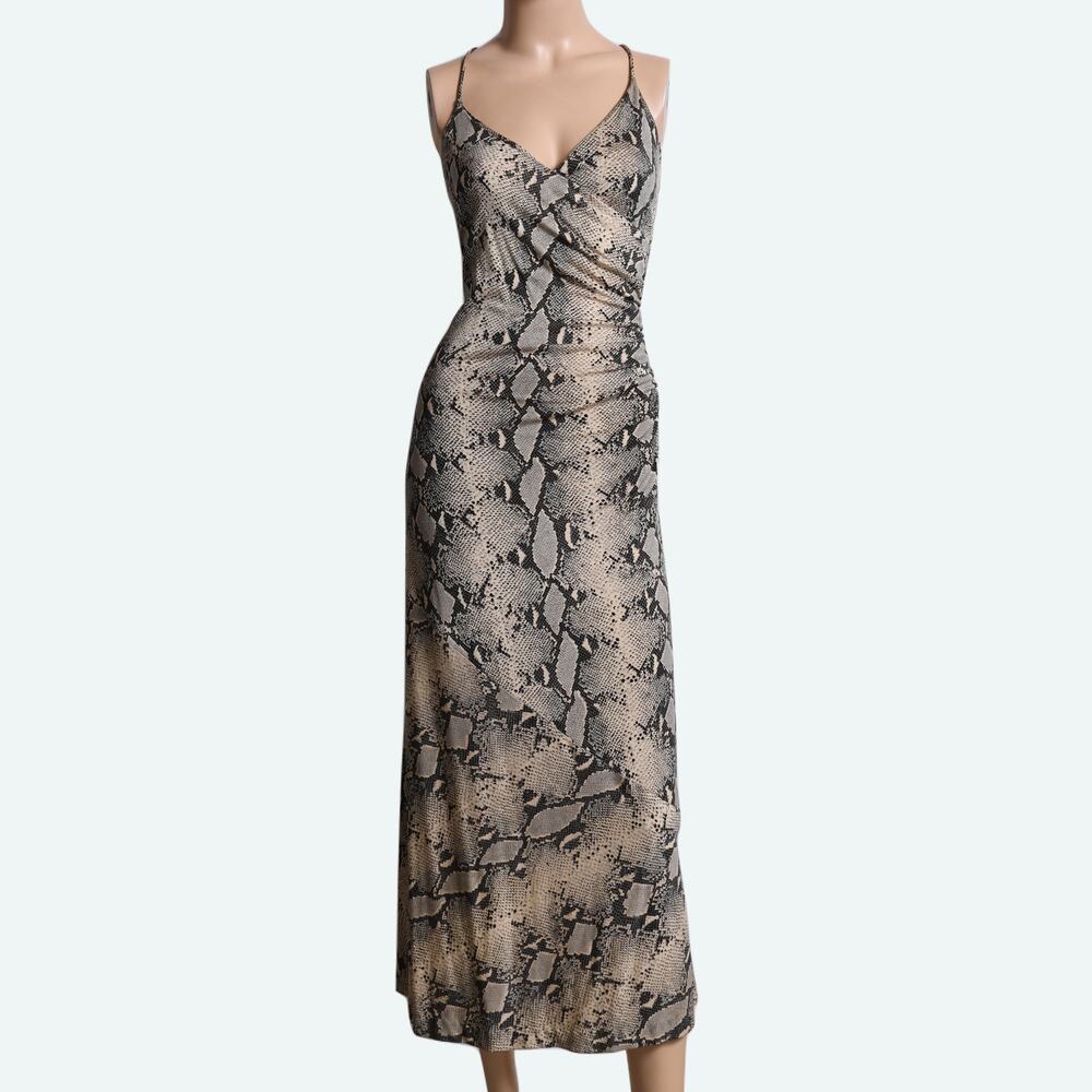 DIANE VON FURSTENBERG Vintage Y2K Black Beige Snakeskin Silk Slip Maxi Dress